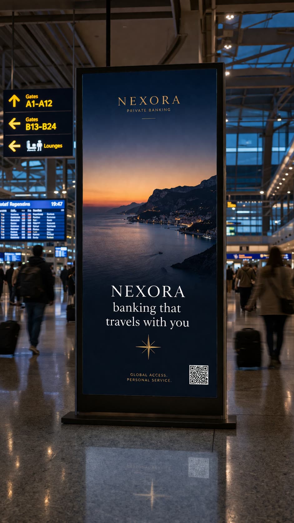 Airport screen with a banking ad