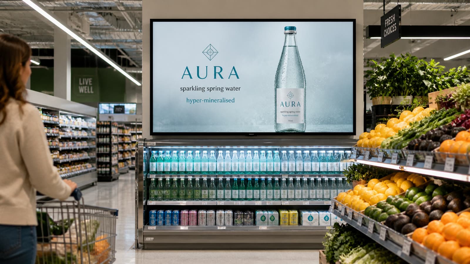 AURA sparkling water ad on a screen